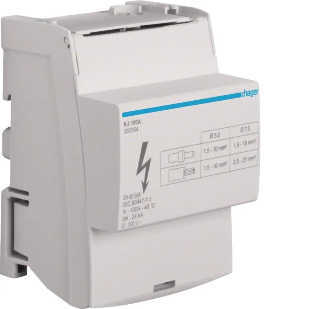 Répartiteur 100A, tétrapolaire, 2x 2,5-25² / 5x 1,5-16² par phase - HAGER